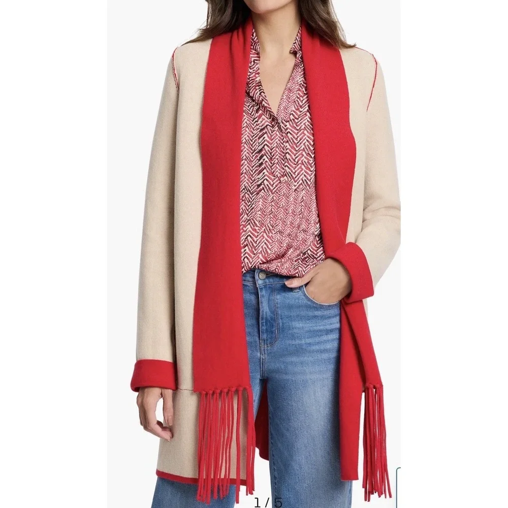NIC+ZOE Cool Nights Reversible Fringe Jacket Red Tan Sz S Elegant Classic #A